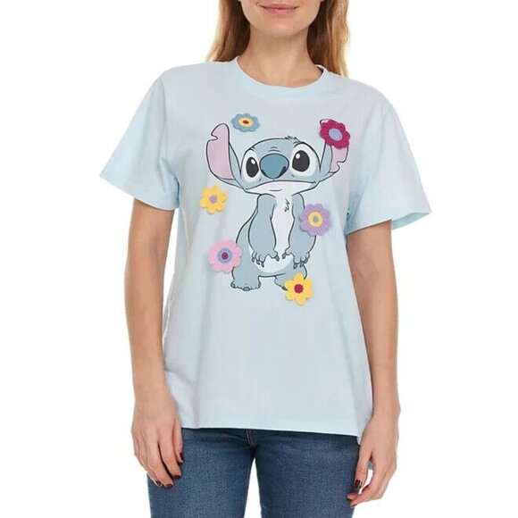 Disney Plus Light Blue Stitch Adult Tee With Crochet Flowers XXL - Picture 1 of 7